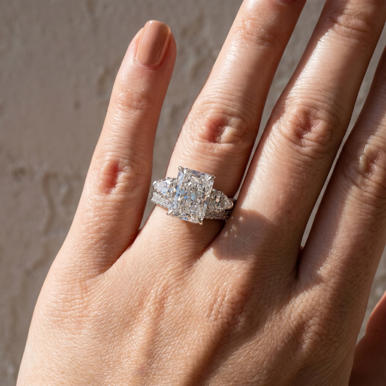 S925 5.0Ct Radiant Cut & Heart Cut Three Stone Wedding Set In Sterling Silver