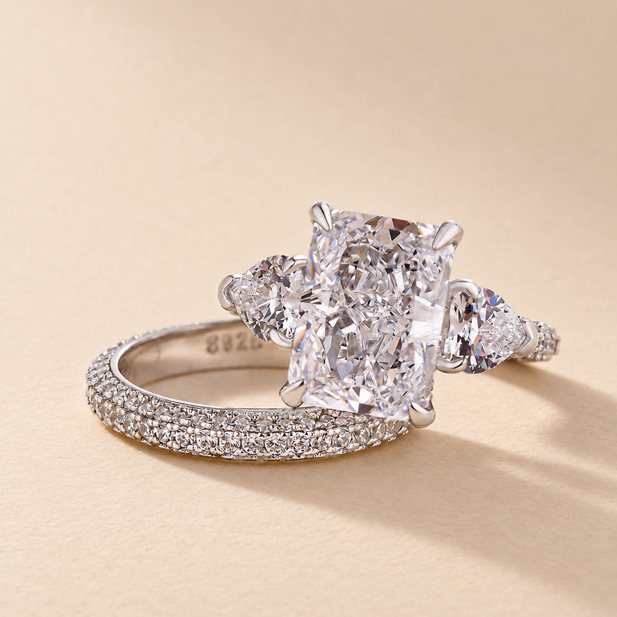 S925 5.0Ct Radiant Cut & Heart Cut Three Stone Wedding Set In Sterling Silver