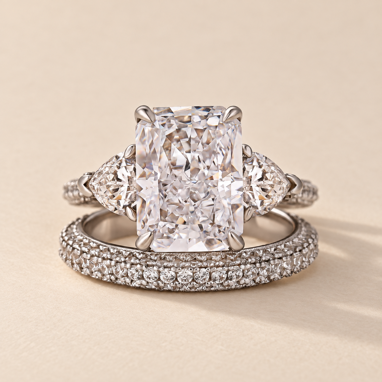 5.0Ct Radiant Cut & Heart Cut Three Stone Wedding Set In Sterling Silver