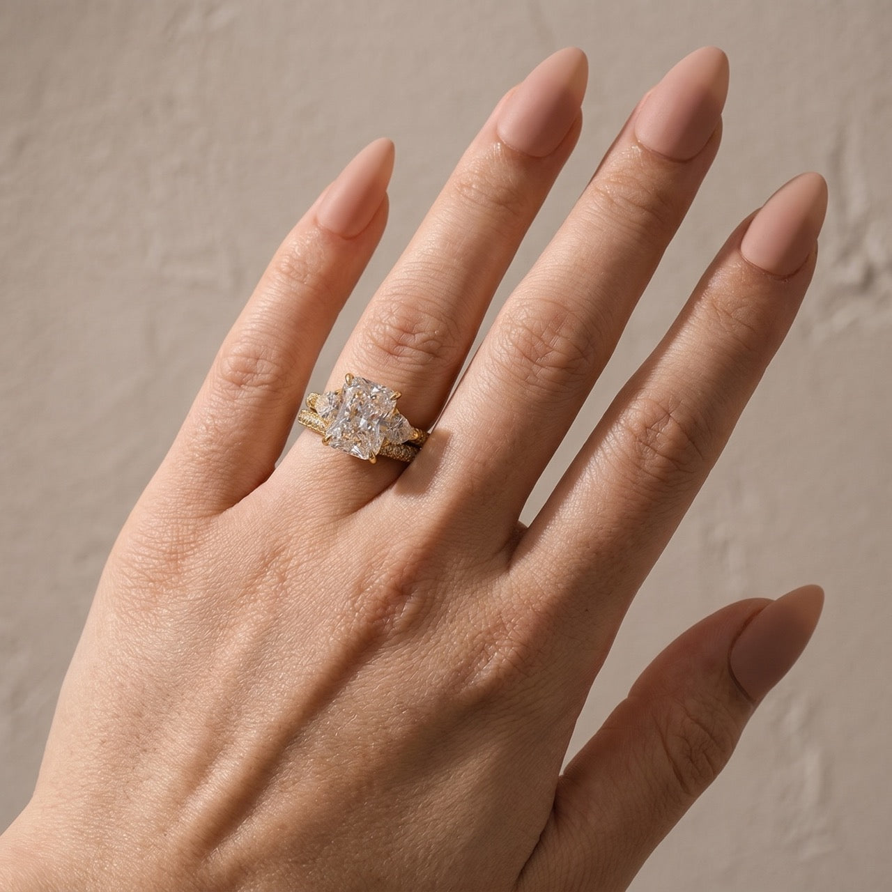 S925 5.0Ct Radiant Cut & Heart Cut Three Stone Wedding Set In Sterling Silver