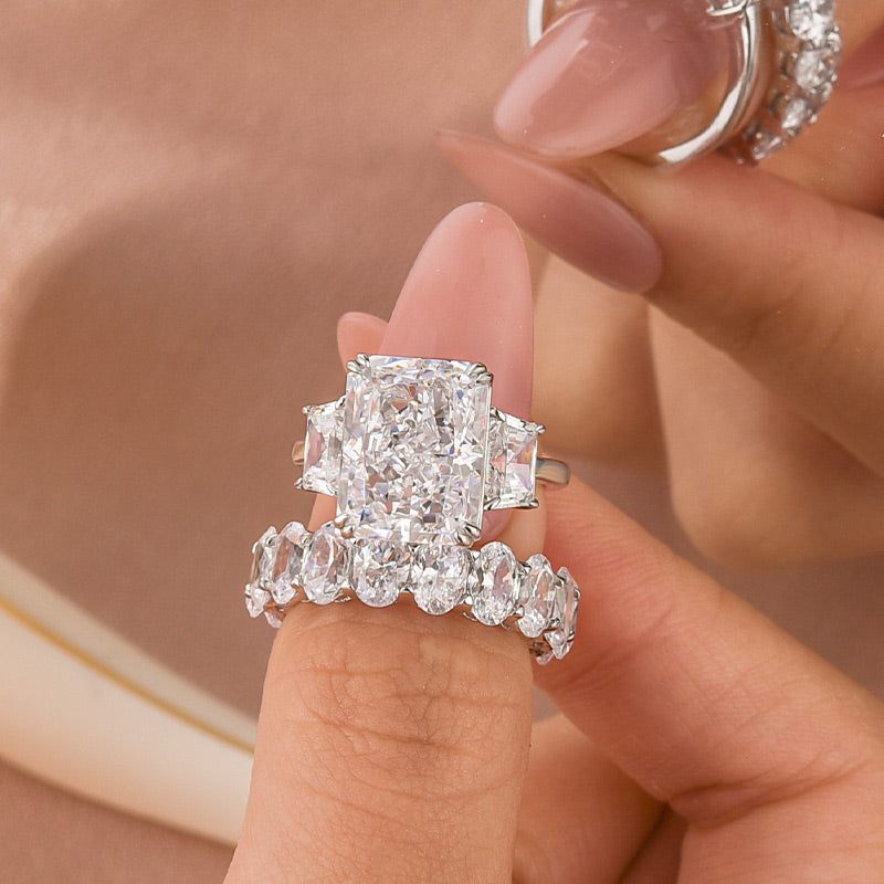 Louily Luxurious Three Stone Radiant Cut Wedding Set In Sterling Silver - louilyjewelry