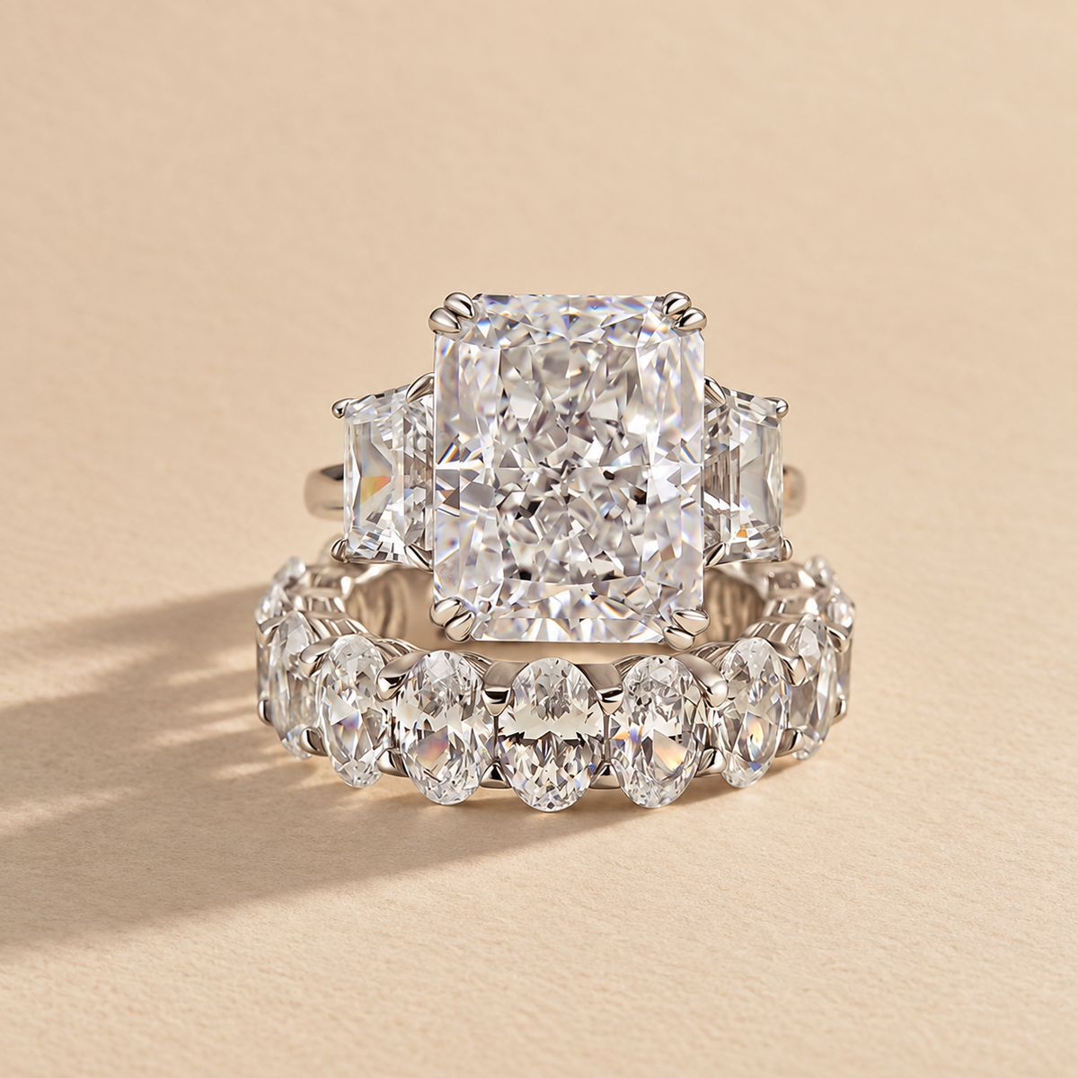 S925 8 Ct Louily Luxurious Three Stone Radiant Cut Wedding Set In Sterling Silver