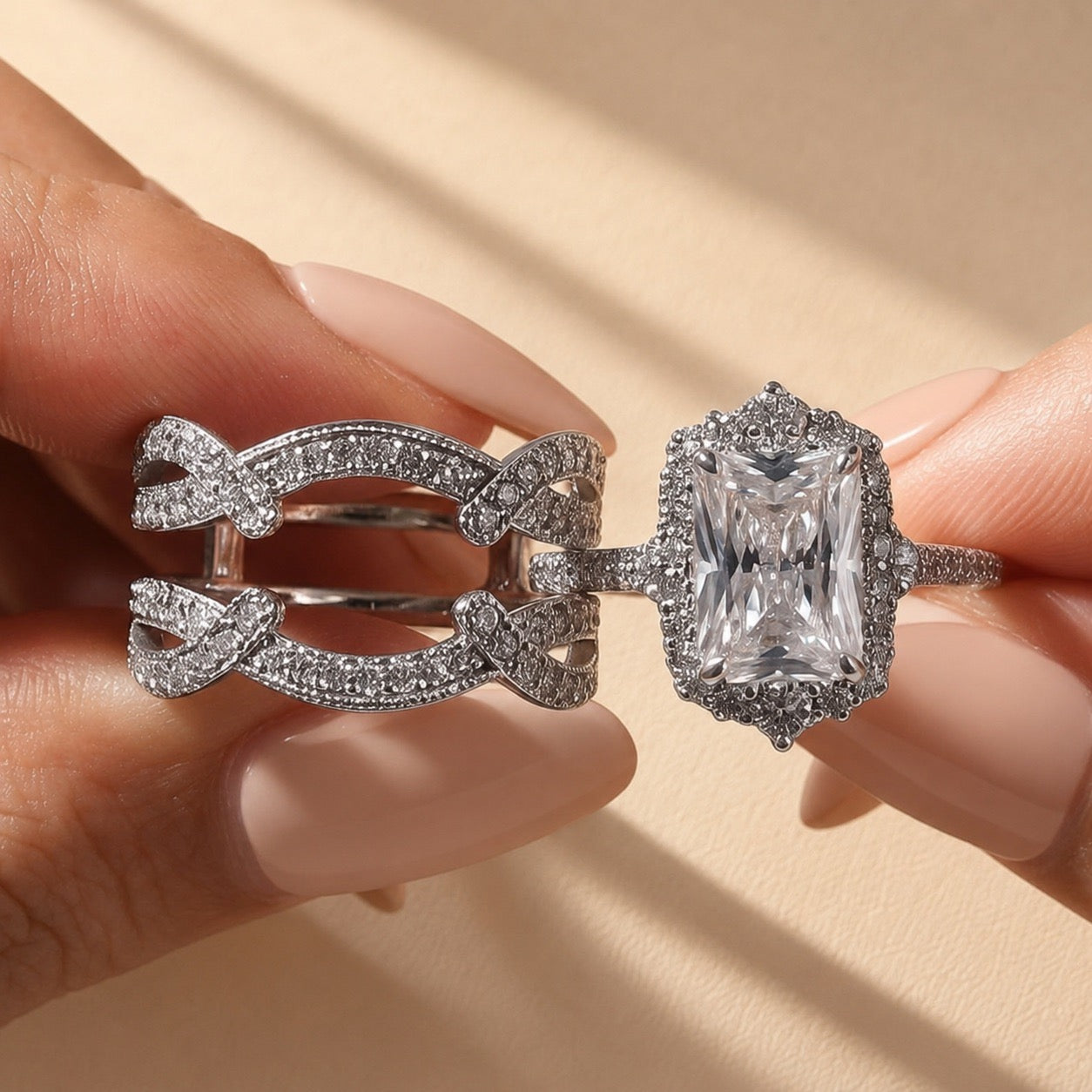 S925 3.0Ct Radiant Cut Halo Insert Wedding Ring Set For Women In Sterling Silver