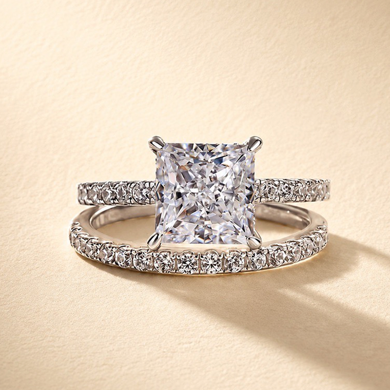 S925 Square 2.0Ct Princess Cut Wedding Ring Set In Sterling Silver Stackable Ring Set For Women