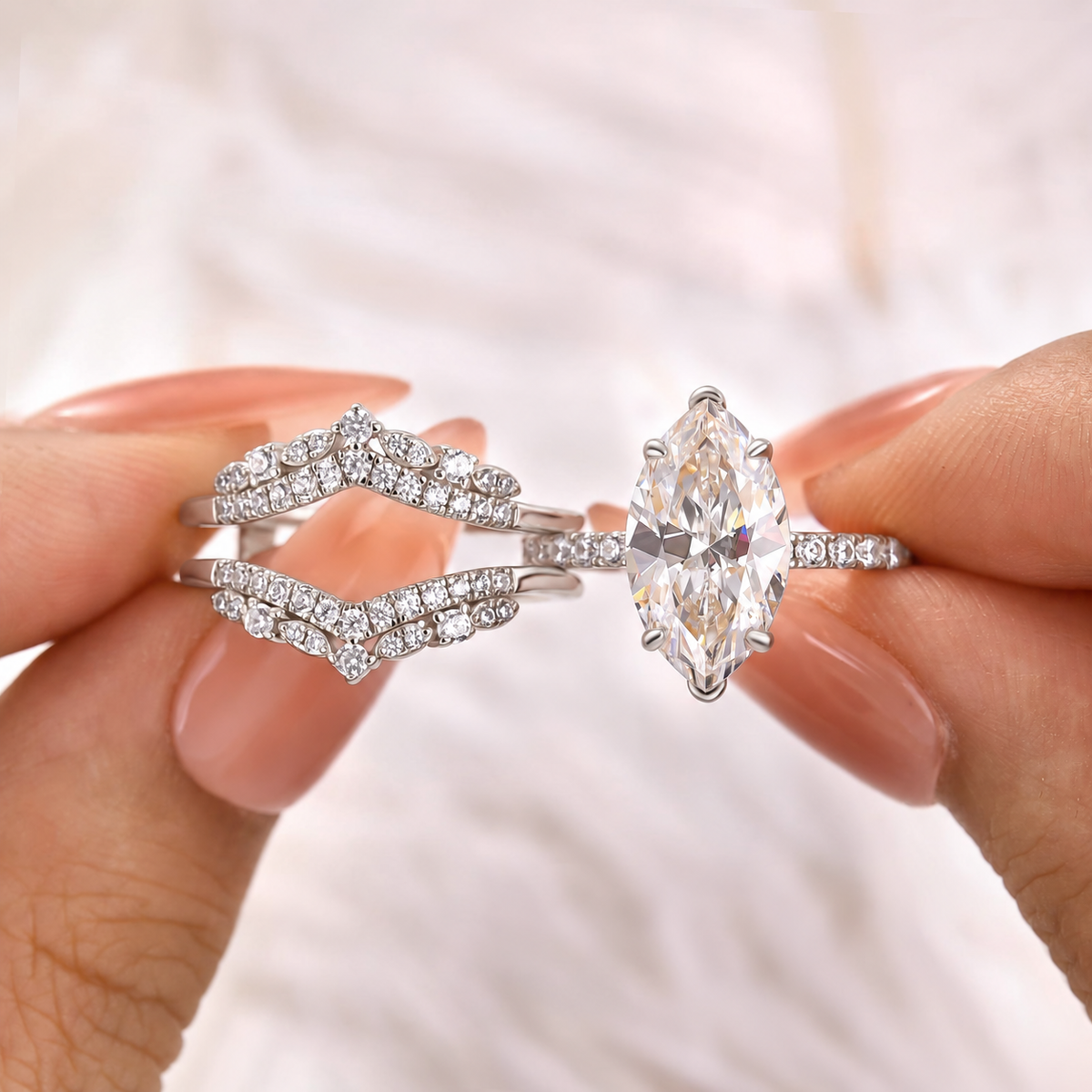 S925 Vintage 2.5Ct Marquise Cut Insert Wedding Ring Set In Sterling Silver