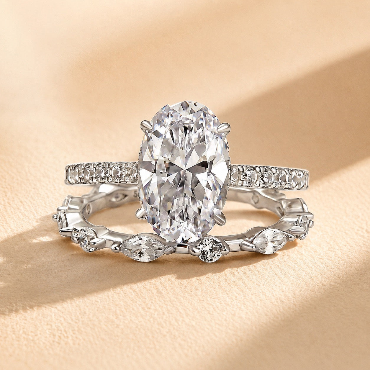S925 Attractive 2PC 2.5Ct Oval Cut Bridal Wedding Ring Set Stackable Ring Set For Daily Wear