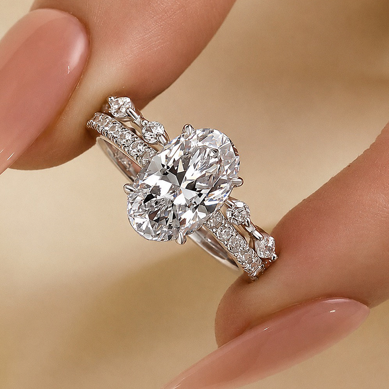 S925 Attractive 2PC 2.5Ct Oval Cut Bridal Wedding Ring Set Stackable Ring Set For Daily Wear
