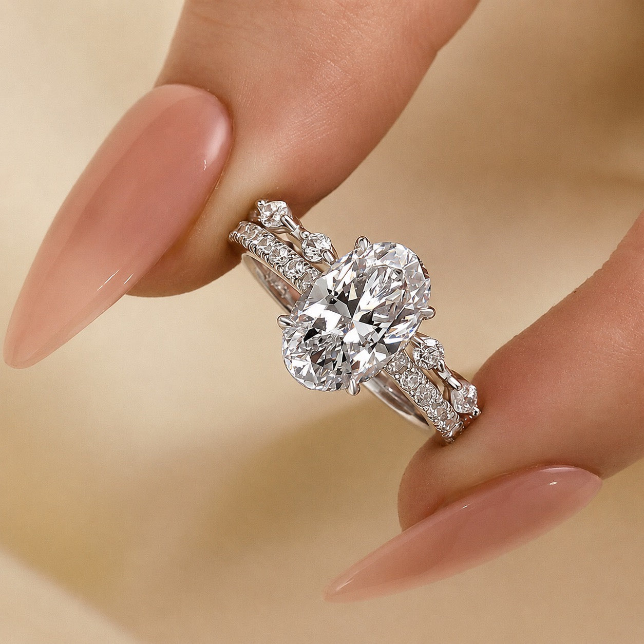 S925 Attractive 2PC 2.5Ct Oval Cut Bridal Wedding Ring Set Stackable Ring Set For Daily Wear