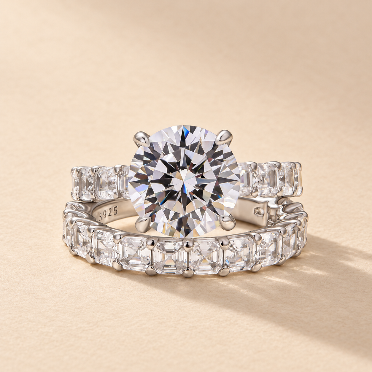 S925 4.0Ct Round Cut 2PC Elegant Wedding Ring Set Engagement Ring With Eternity Wedding Band