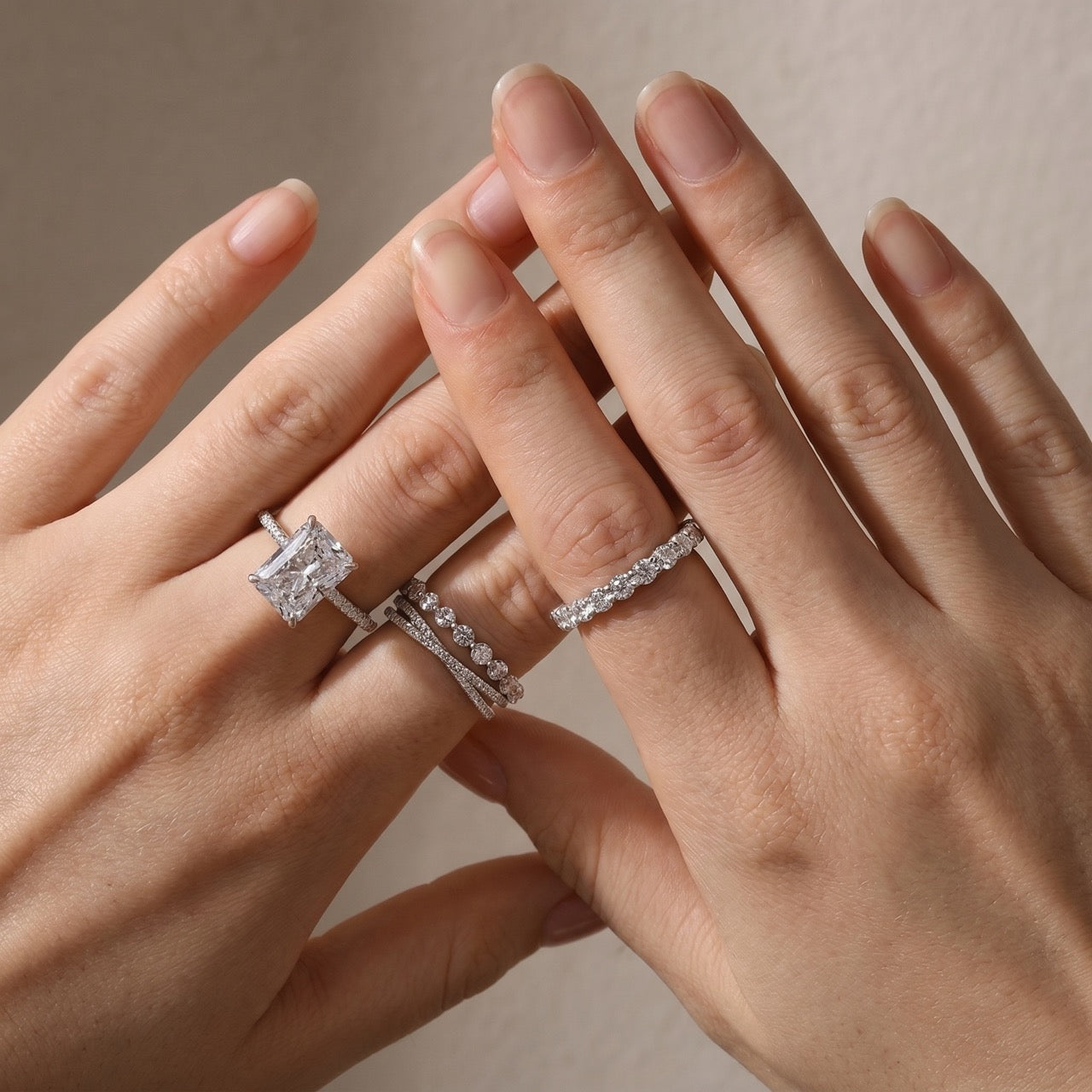 S925 4.0Ct Radiant Cut Engagement Ring with 4.8Ct Bands 4PC Stackable Ring Set For Everyday Wear