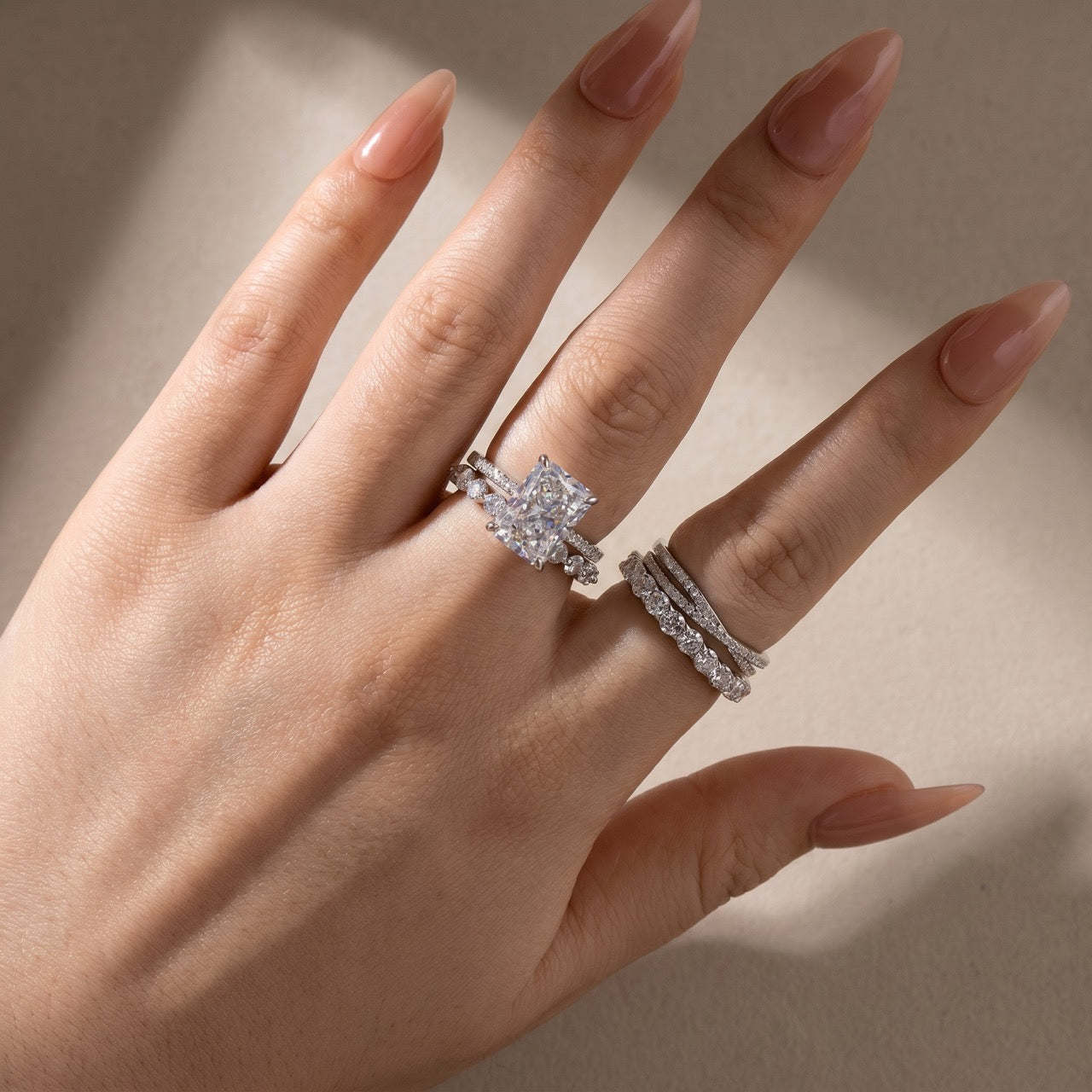 S925 4.0Ct Radiant Cut Engagement Ring with 4.8Ct Bands 4PC Stackable Ring Set For Everyday Wear