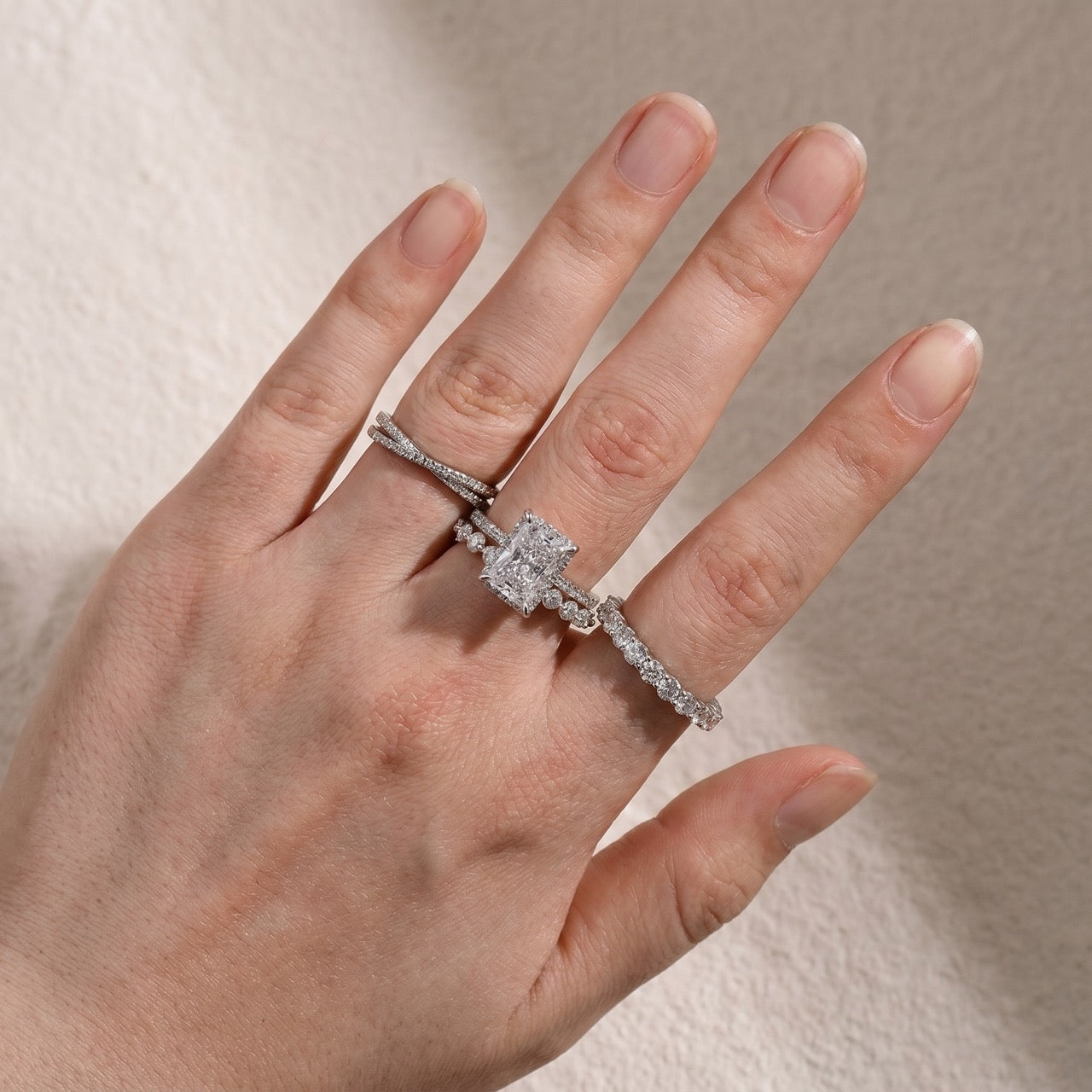 S925 4.0Ct Radiant Cut Engagement Ring with 4.8Ct Bands 4PC Stackable Ring Set For Everyday Wear