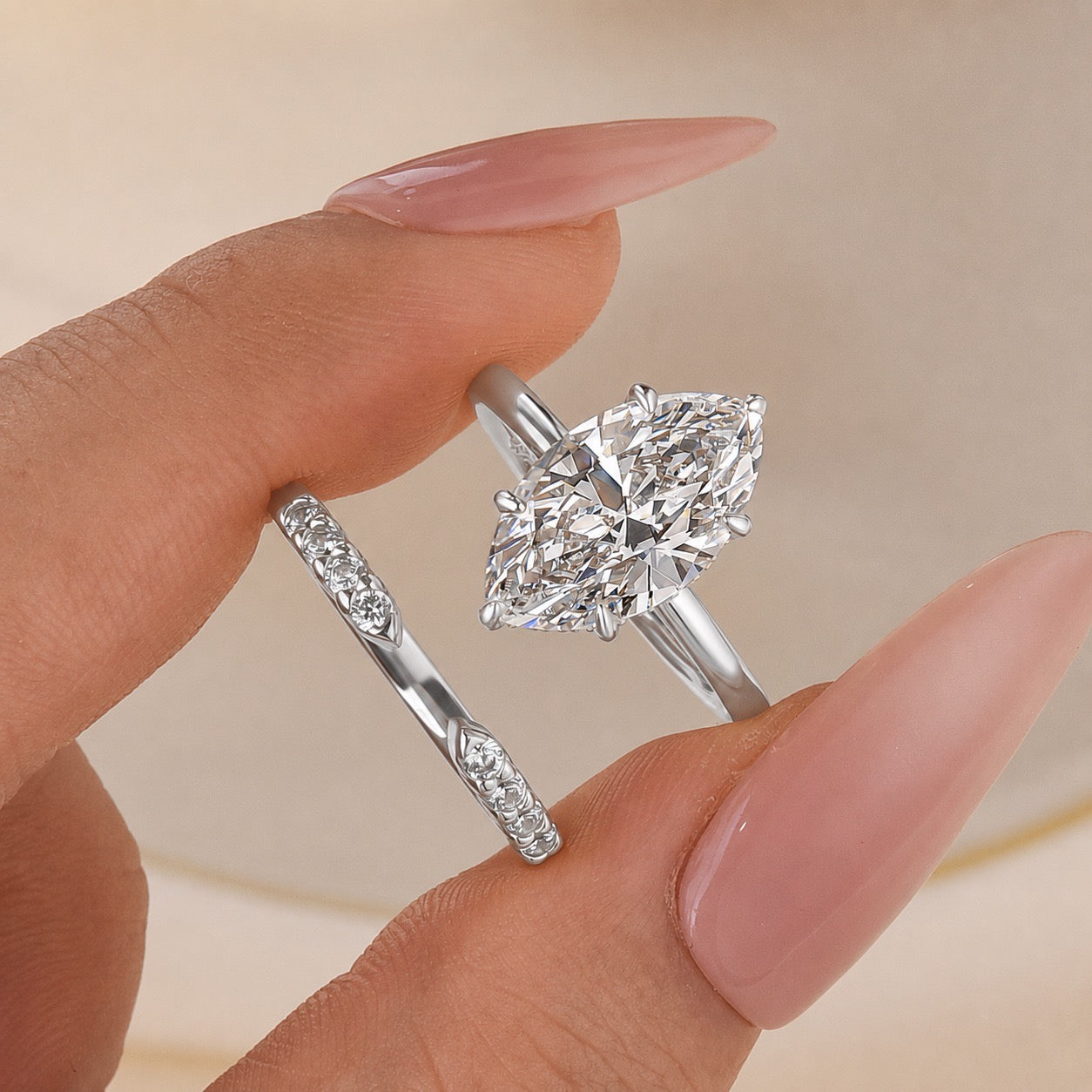 S925 4.5Ct Pear Cut /4.0Ct Marquise Cut Wedding Ring & Open Wedding Band Bridal Rings