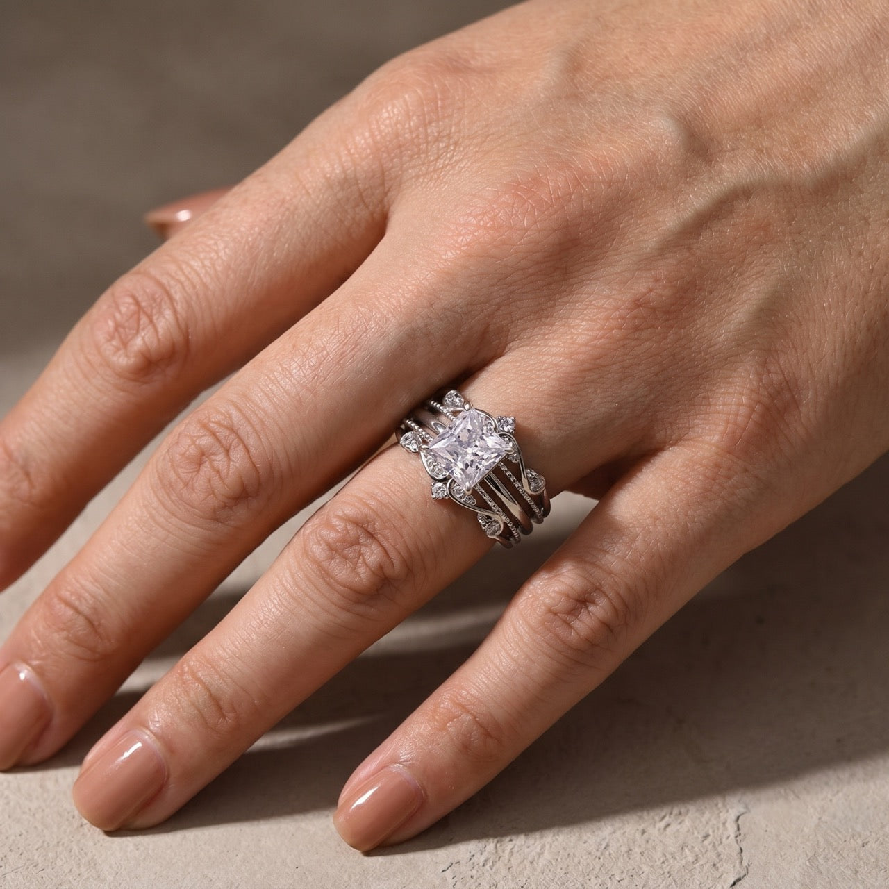 S925 2.0Ct Noble Crown Design Square Princess Cut Insert Wedding Ring Set Stackable Rings