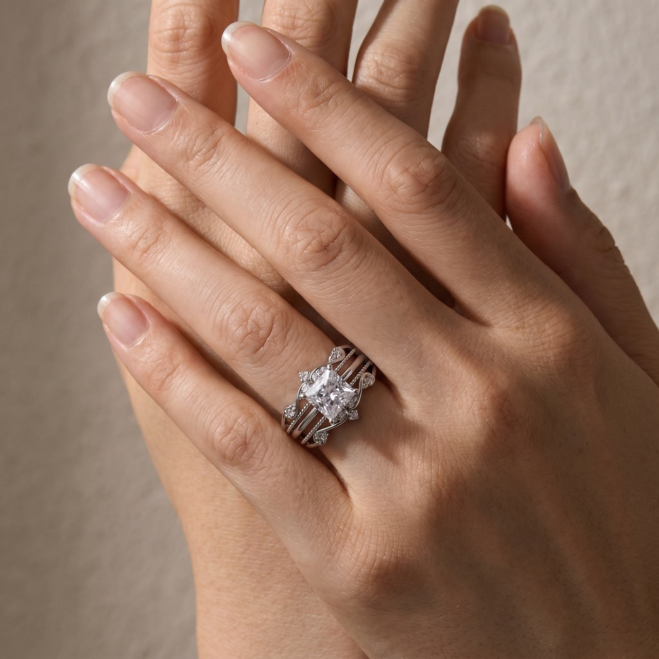 S925 2.0Ct Noble Crown Design Square Princess Cut Insert Wedding Ring Set Stackable Rings