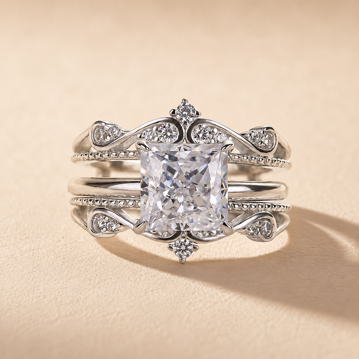 S925 2.0Ct Noble Crown Design Square Princess Cut Insert Wedding Ring Set Stackable Rings