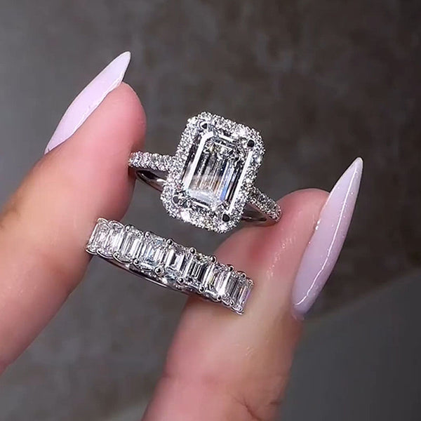 Louily Stunning Halo Emerald Cut Wedding Ring Set