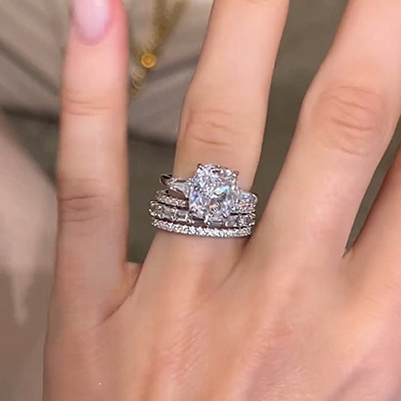 Louily Luxury Cushion Cut Three Stone 4PC Wedding Set - louilyjewelry