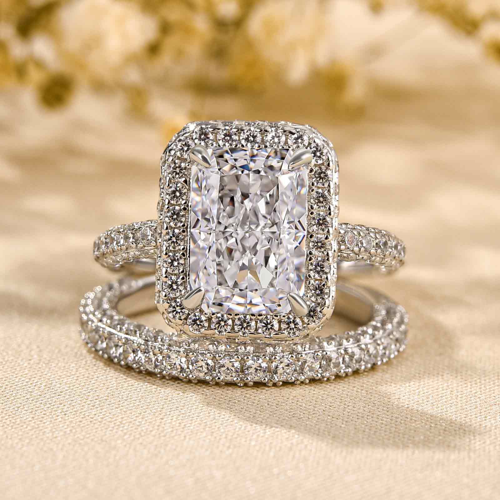 Louily Luxury Halo Radiant Cut Wedding Ring Set - louilyjewelry