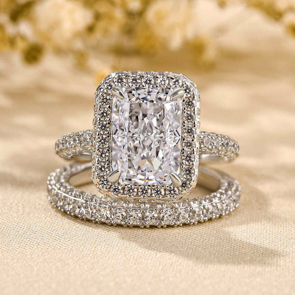 Louily Luxury Halo Radiant Cut Wedding Ring Set