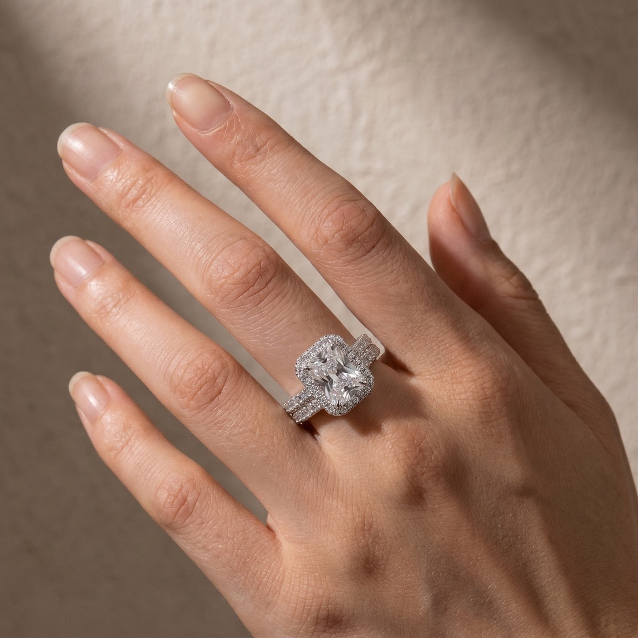 S925 3.5Ct Radiant Cut Halo Wedding Ring Set Affordable Vintage Stackable Rings For Everyday Wear