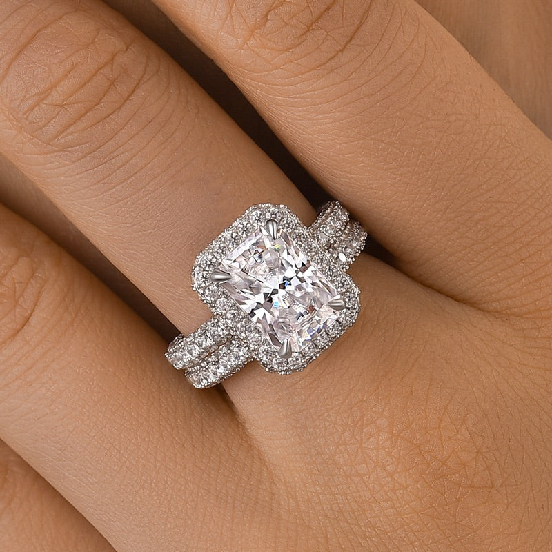 S925 3.5Ct Radiant Cut Halo Wedding Ring Set Affordable Vintage Stackable Rings For Everyday Wear