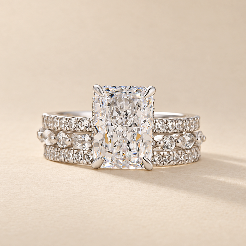 S925 3.5Ct Radiant Cut 3PC Wedding Ring Set Stackable Rings For Everyday Wear