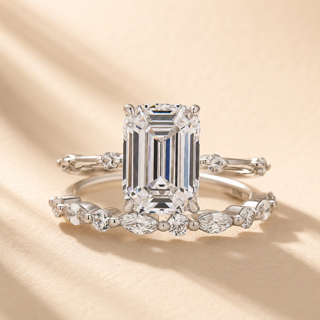 Louily Unique 3.0 Carat Emerald Cut Ring Set For Women
