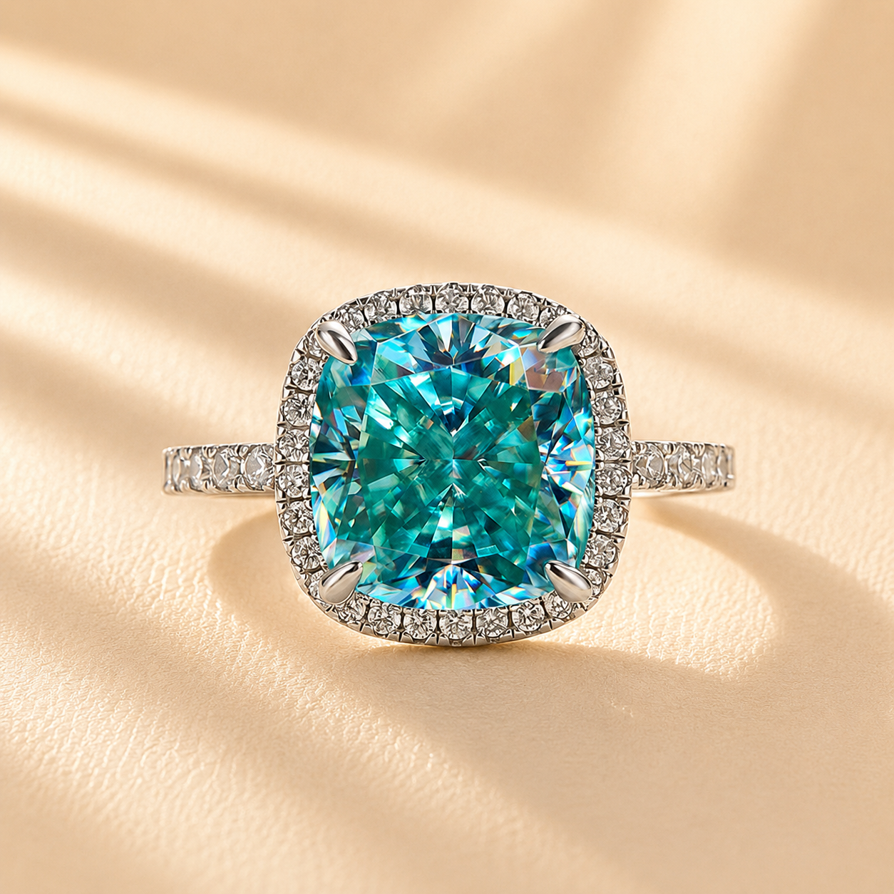 Louily Exquisite Halo Cushion Cut Cyan Blue Engagement Ring In Sterling Silver