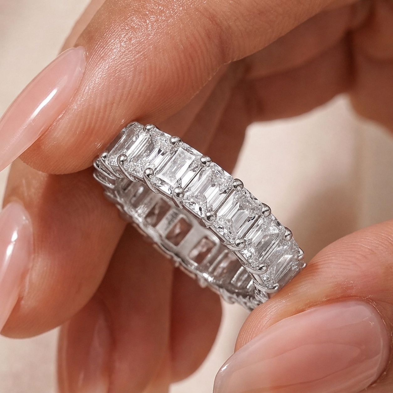 S925 Moissanite 3.5Ct Radiant Cut Full Channel Eternity Yellow Gold Wedding Band Stackable Bridal Ring