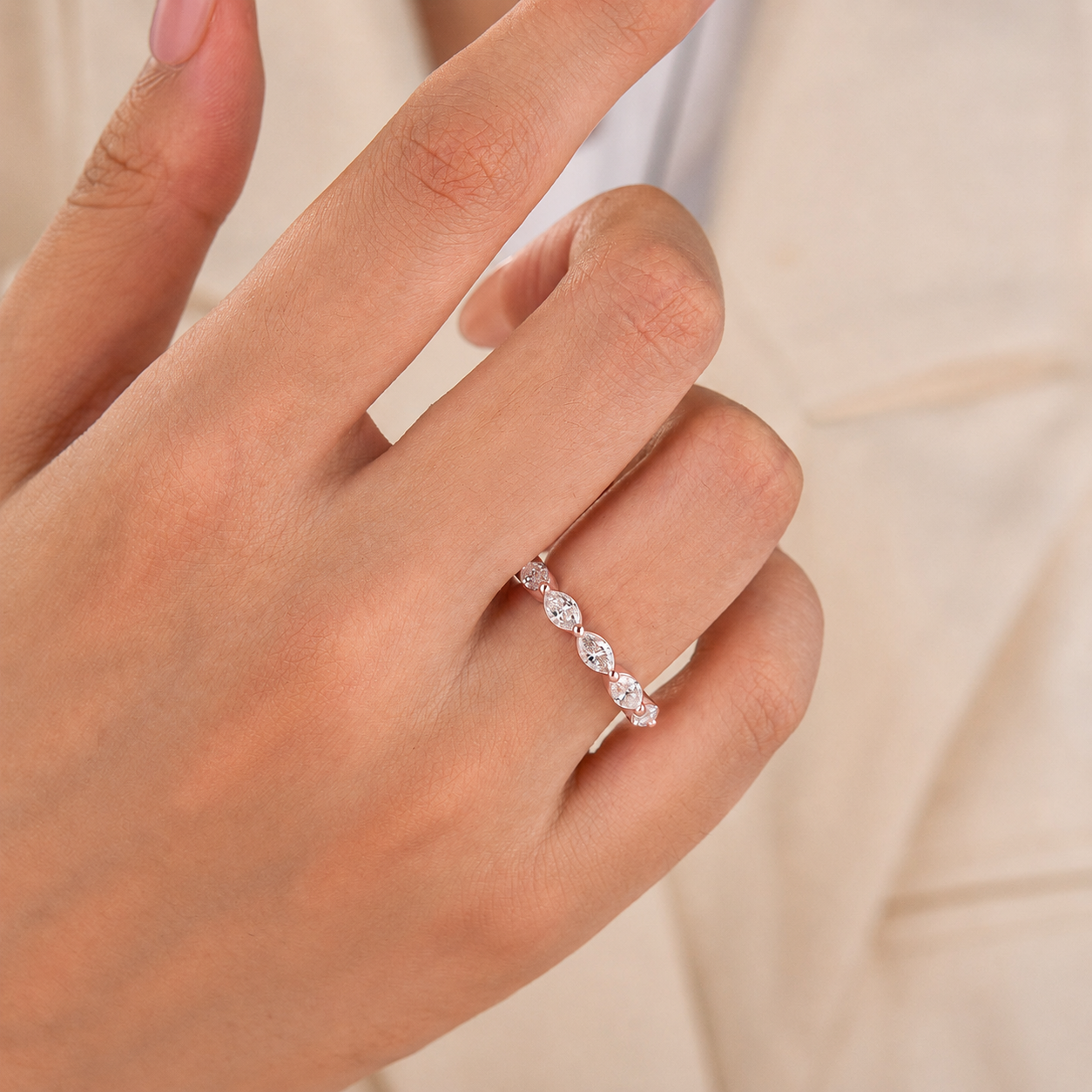 S925 1.75Ct Elegant Marquise Cut Half Wedding Band Stackable Ring For Everyday Wear