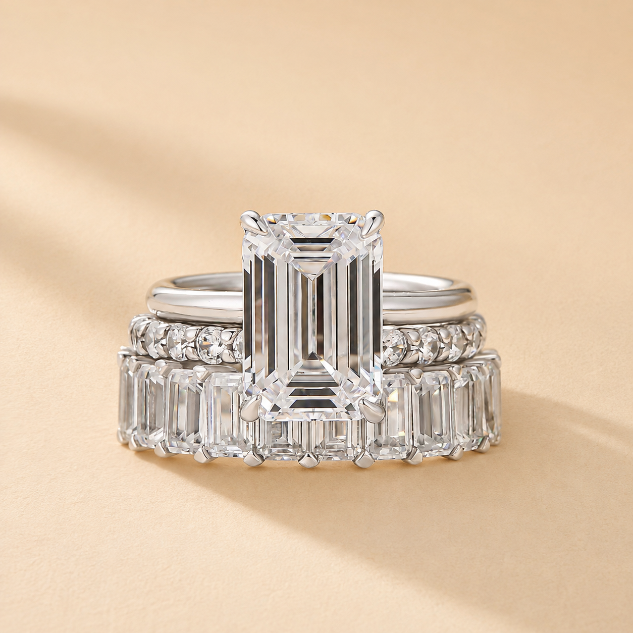 S925 3PC 5.0Ct Solitaire Emerald Ring With Eternity Emerald Cut& Open Wedding Band Stament Ring Sets