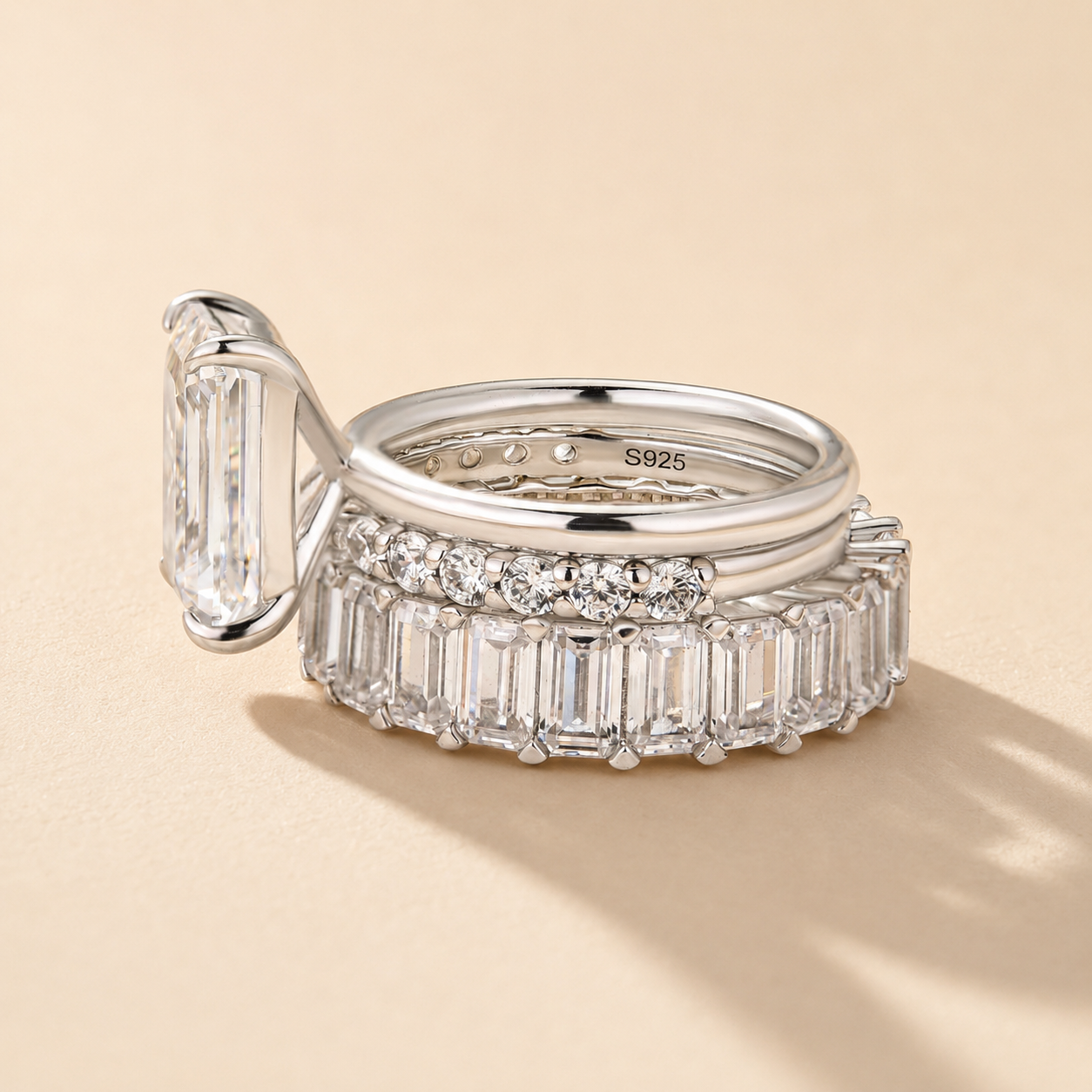 S925 3PC 5.0Ct Solitaire Emerald Ring With Eternity Emerald Cut& Open Wedding Band Stament Ring Sets