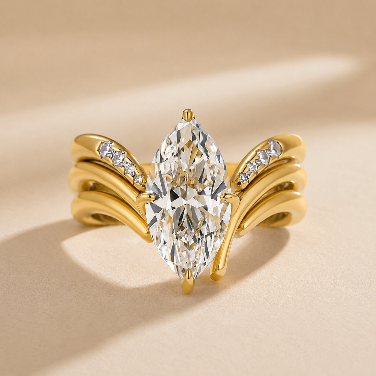 S925 3PC Unique 3.0Ct Marquise Cut Engagement Ring with Open V-Shaped Pave Round Cut Accent Stones Wedding Band