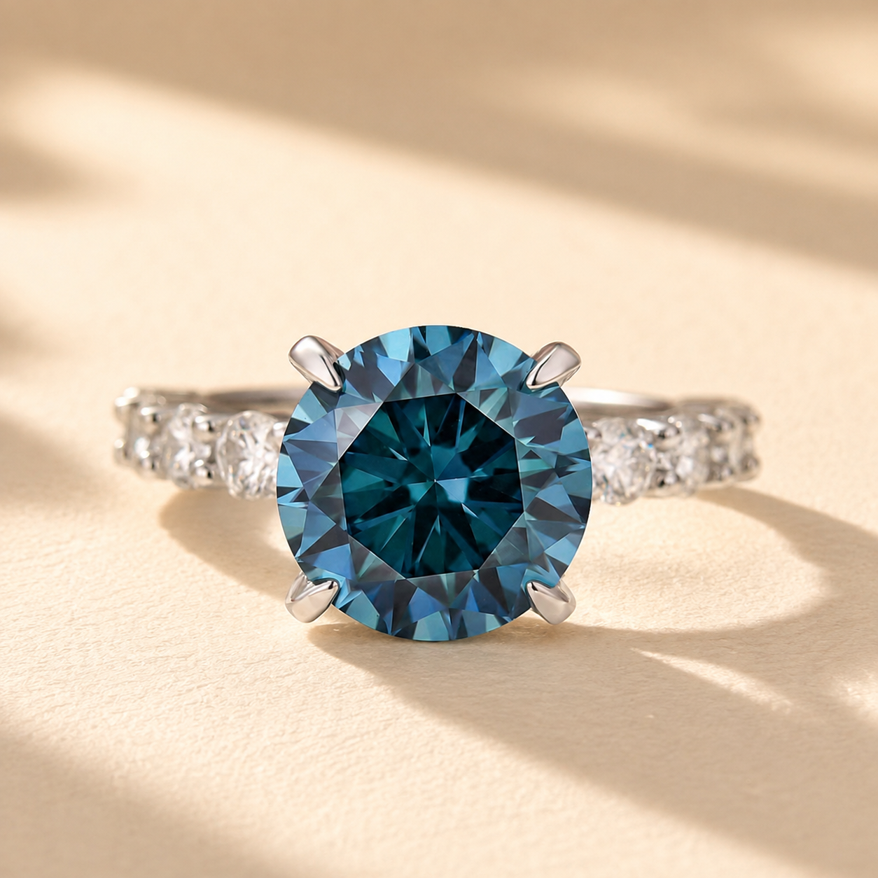 S925 Moissanite 4.0Ct Green/Blue Round Cut Gold Plated Engagement Ring For Everyday Wear