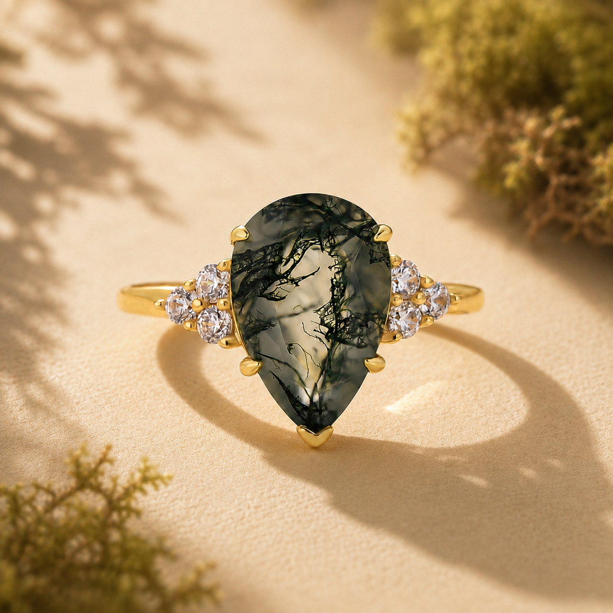Nature-Inspired 3.5CT Pear Cut Side Stone Moss Agate Ring For Travel