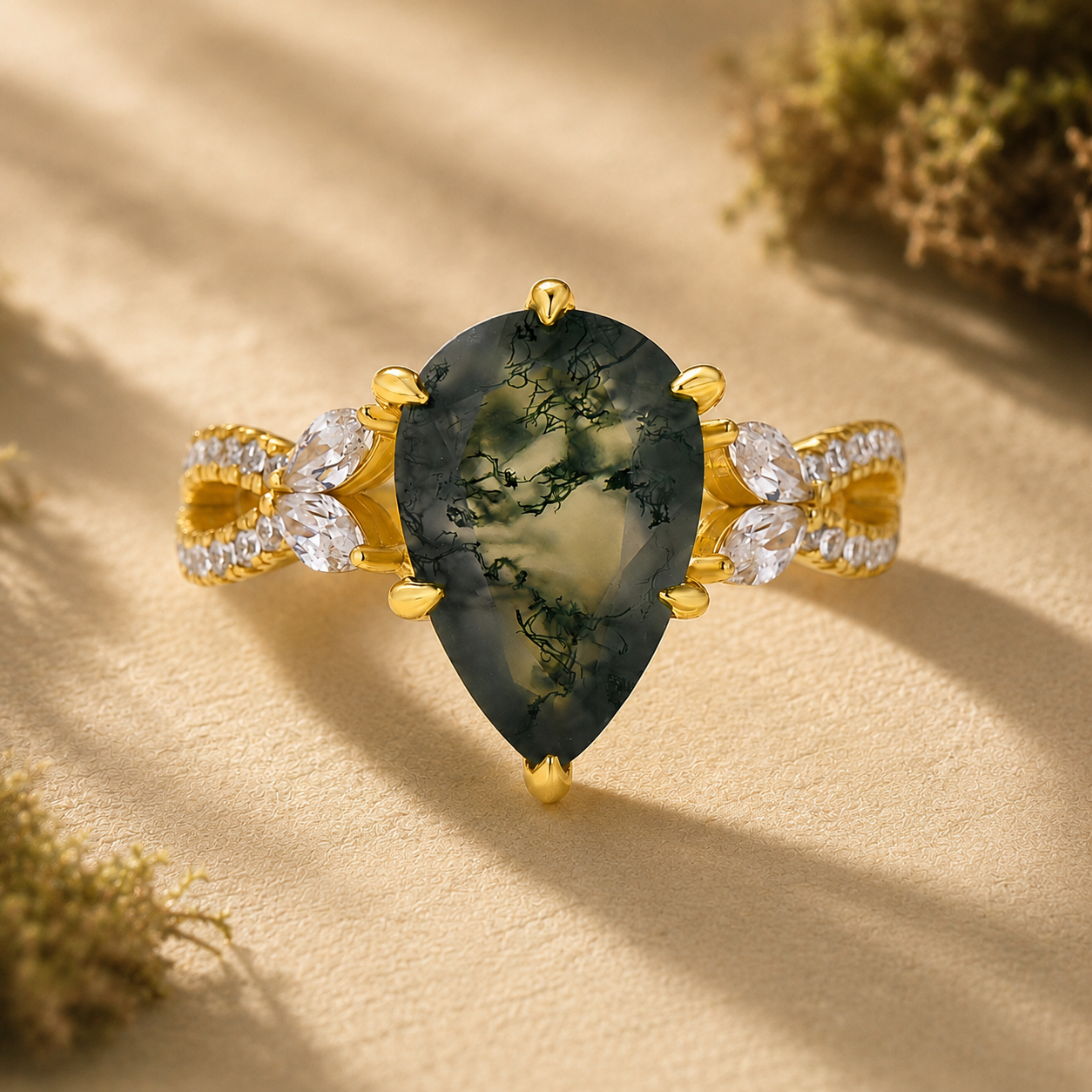 Nature-Inspired 3.5Ct Pear Cut Moss Agate Split Shank Floral Ring For Date Nights