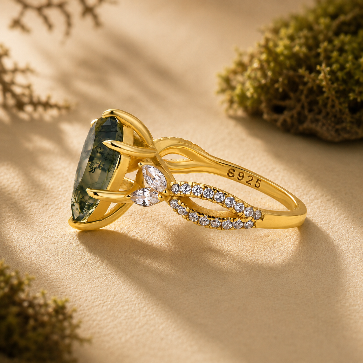 Nature-Inspired 3.5Ct Pear Cut Moss Agate Split Shank Floral Ring For Date Nights