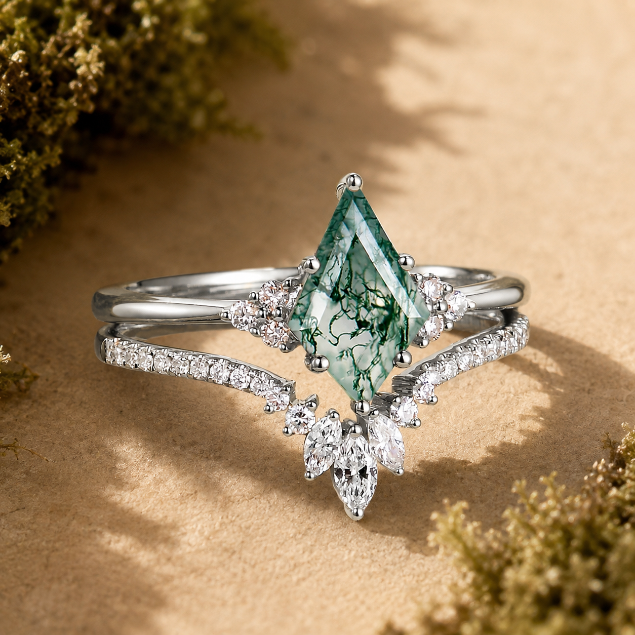 S925 2.0Ct Kite Cut Natural Moss Agate Engagement Ring with Vintage Marquise Cut & Round Cut Crown-Shaped Wedding Band Unique Bridal Sets