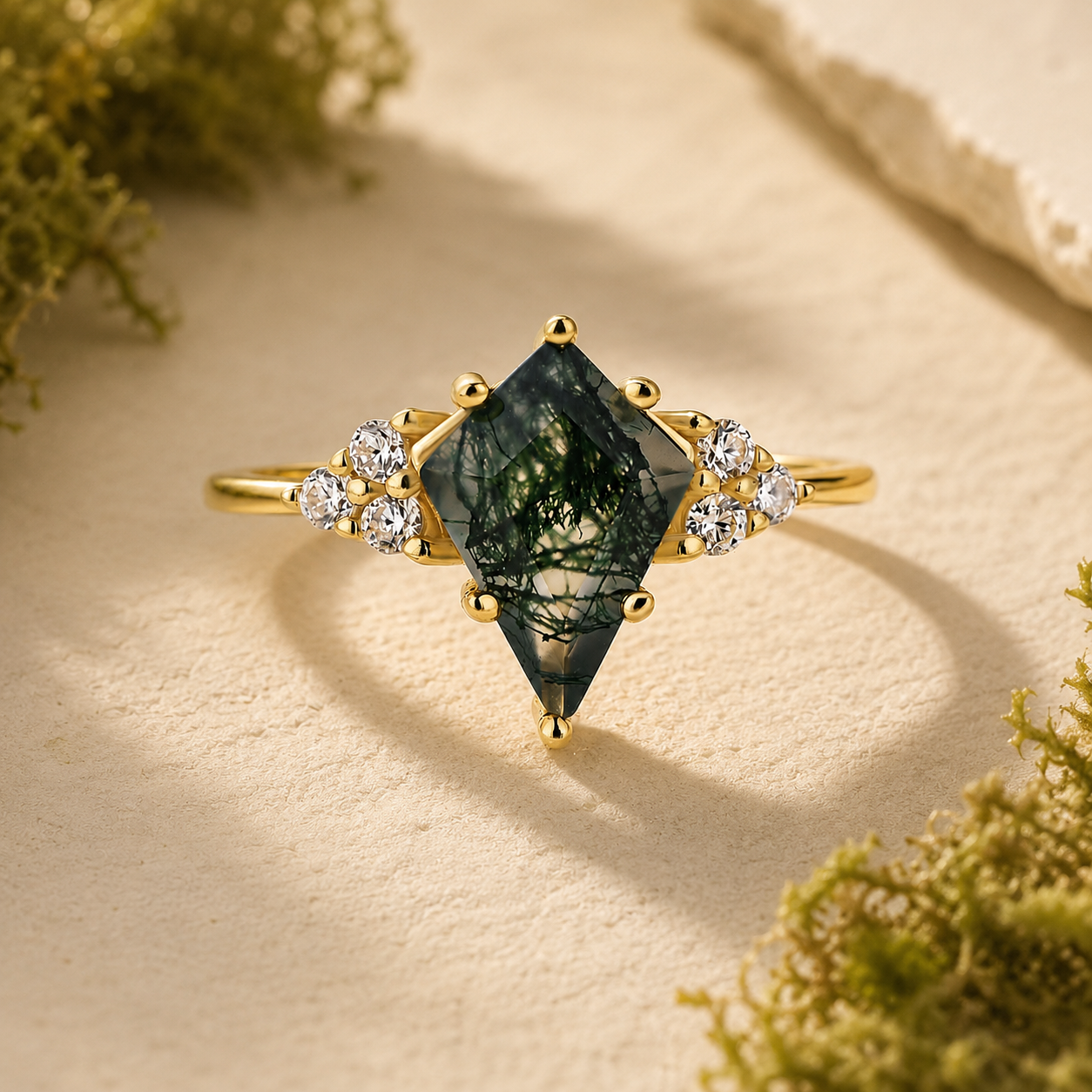 S925 Nature-Inspired 2.0Ct Moss Agate Kite Cut Forest Travel Ring Unique Daily Wearable Ring