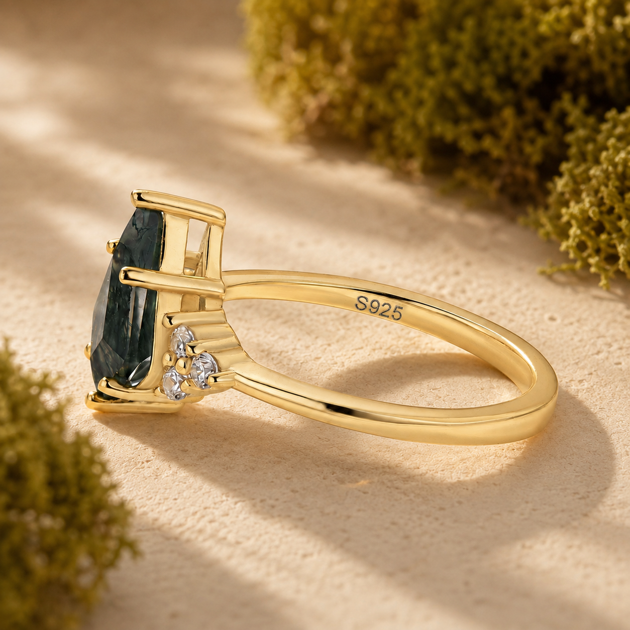 S925 Nature-Inspired 2.0Ct Moss Agate Kite Cut Forest Travel Ring Unique Daily Wearable Ring