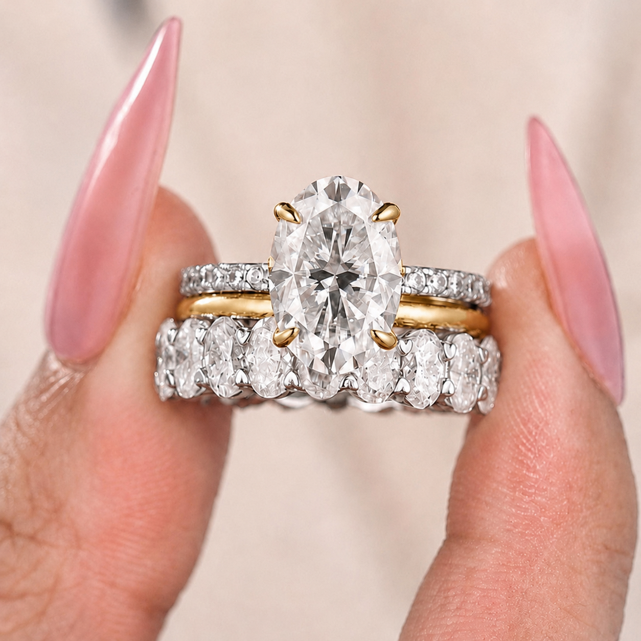 S925 3PC Moissanite 4.0Ct Oval Cut Ring & Two Classic Wedding Bands Stackable Statement Ring Sets