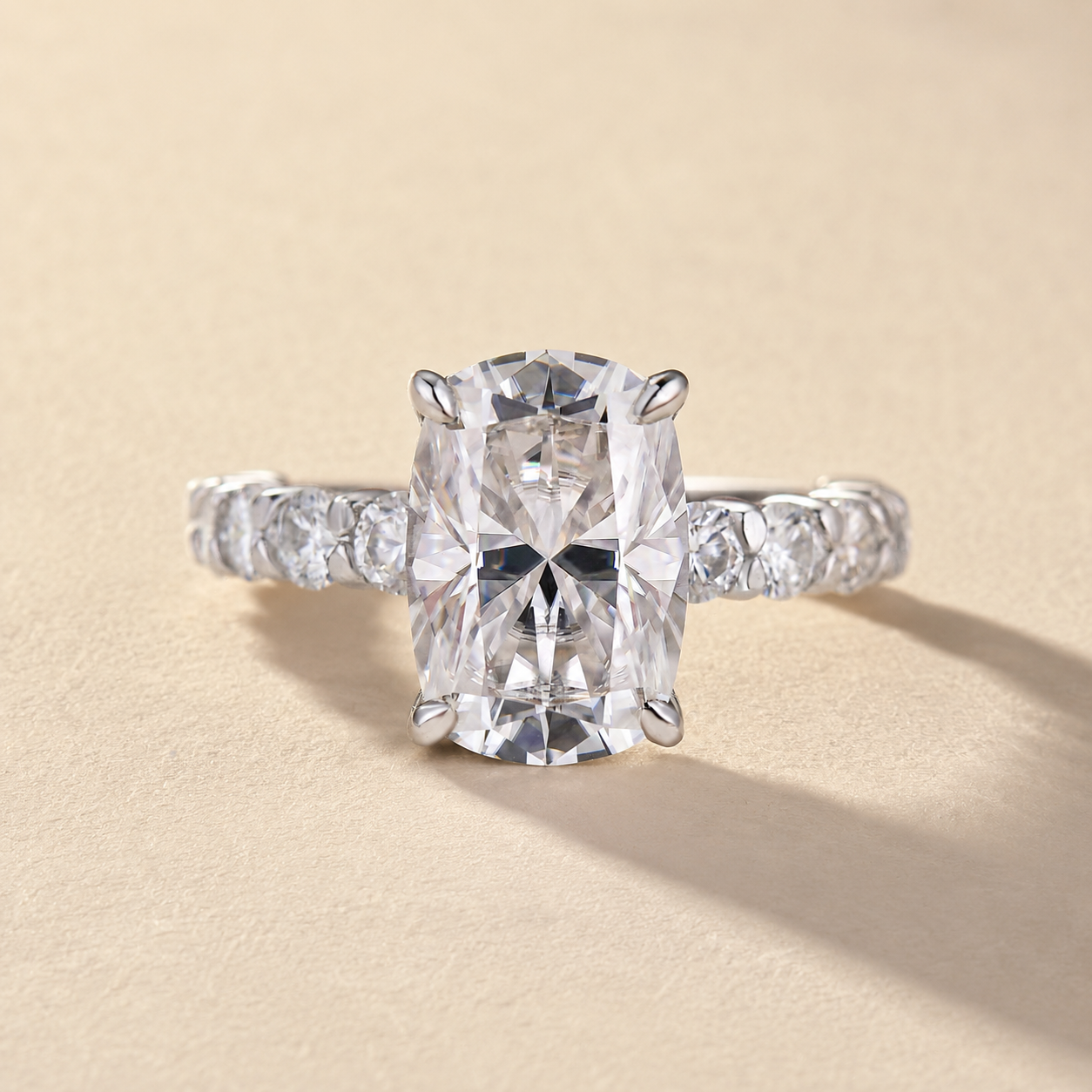 S925 Moissanite 4.5Ct Cushion Cut Hidden Halo Side Stone Everyday Wearable Ring For Women