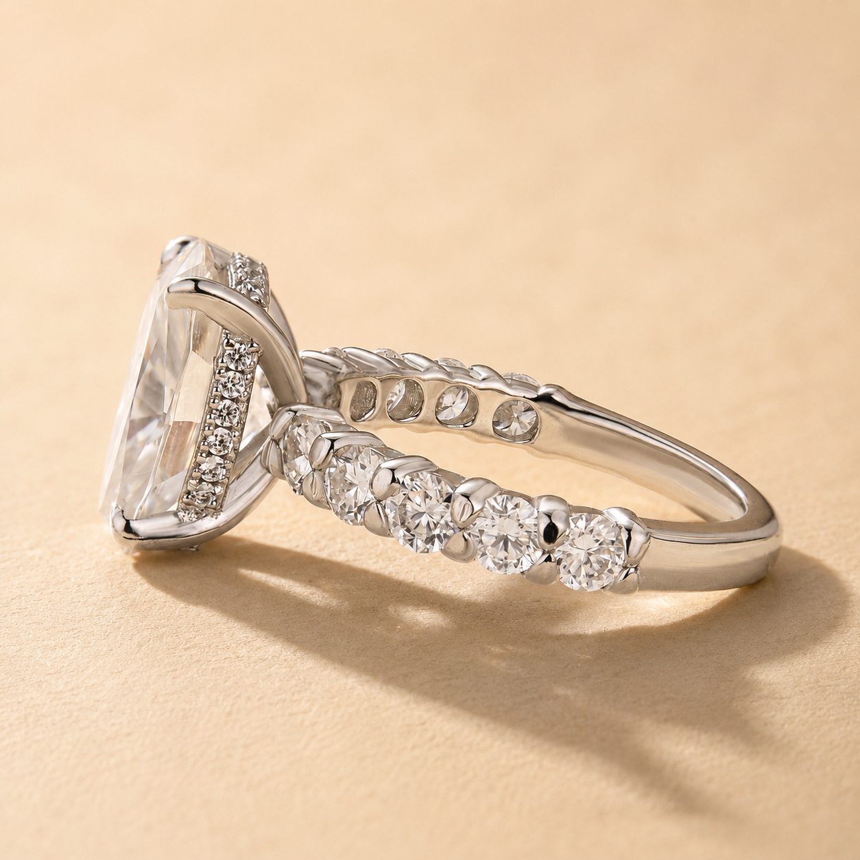 S925 Moissanite 4.5Ct Cushion Cut Hidden Halo Side Stone Everyday Wearable Ring For Women