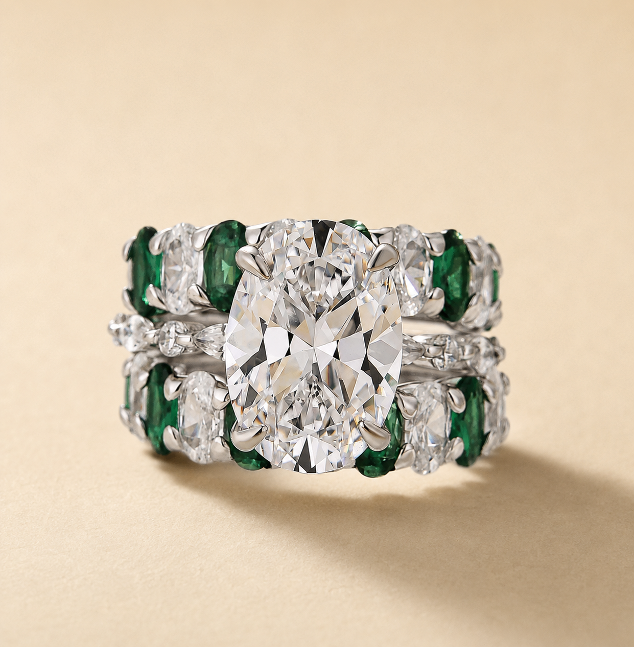 S925 3PC 4.5Ct Oval Cut Emerald‑Tone Alternating Stone Stackable Travel Ring Sets for Women