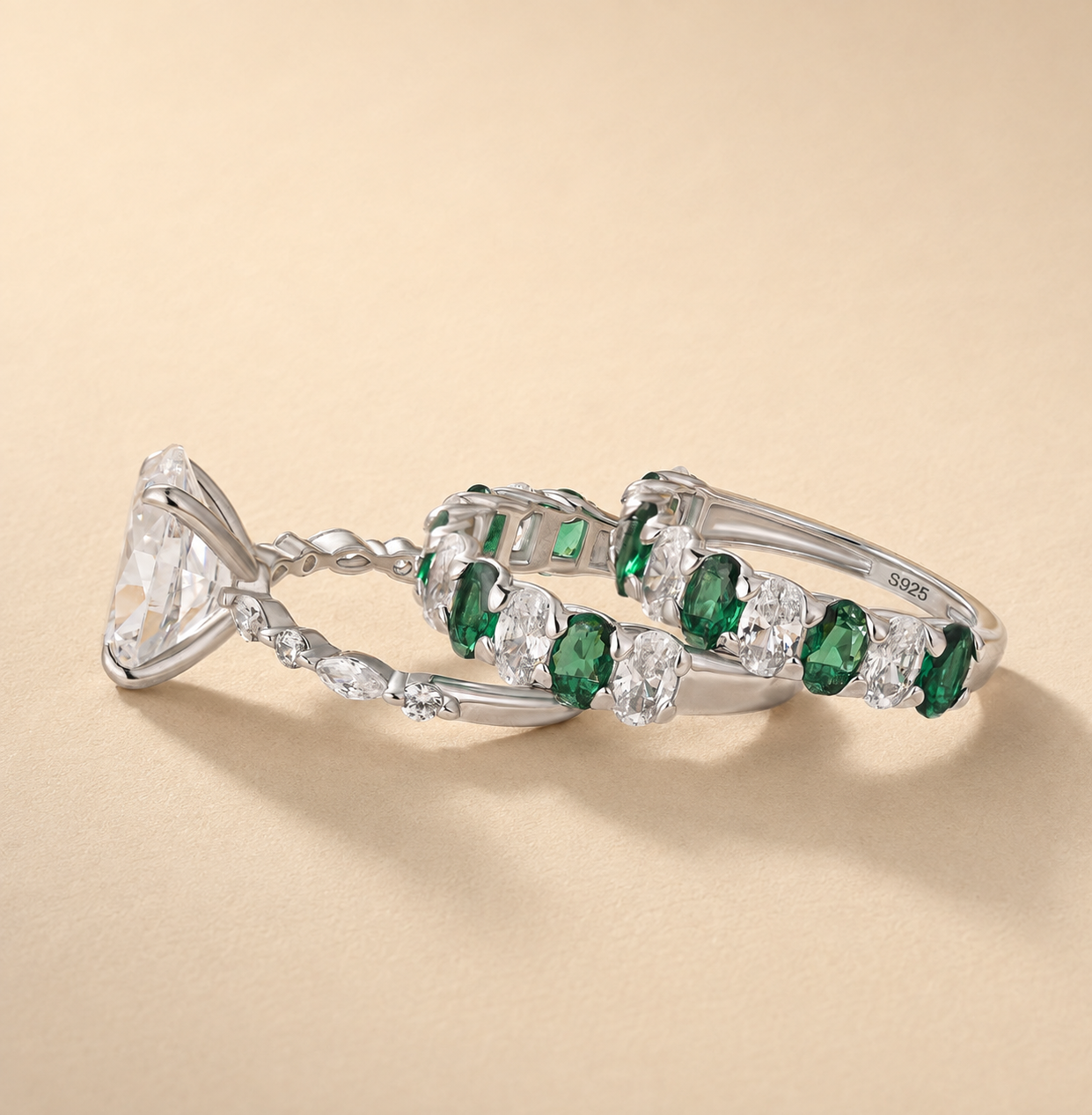 S925 3PC 4.5Ct Oval Cut Emerald‑Tone Alternating Stone Stackable Travel Ring Sets for Women