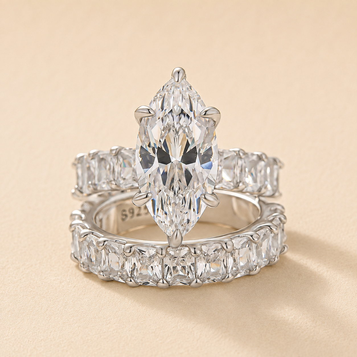 S925 2PC 4.0Ct Marquise Cut Engagement Ring with Radiant Cut Wedding Band