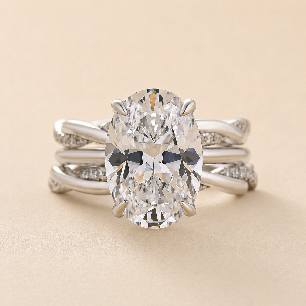 S925 3PC 5.5Ct Solitaire Oval Cut Ring & Twist Eternity Wedding Band Statement Ring Sets
