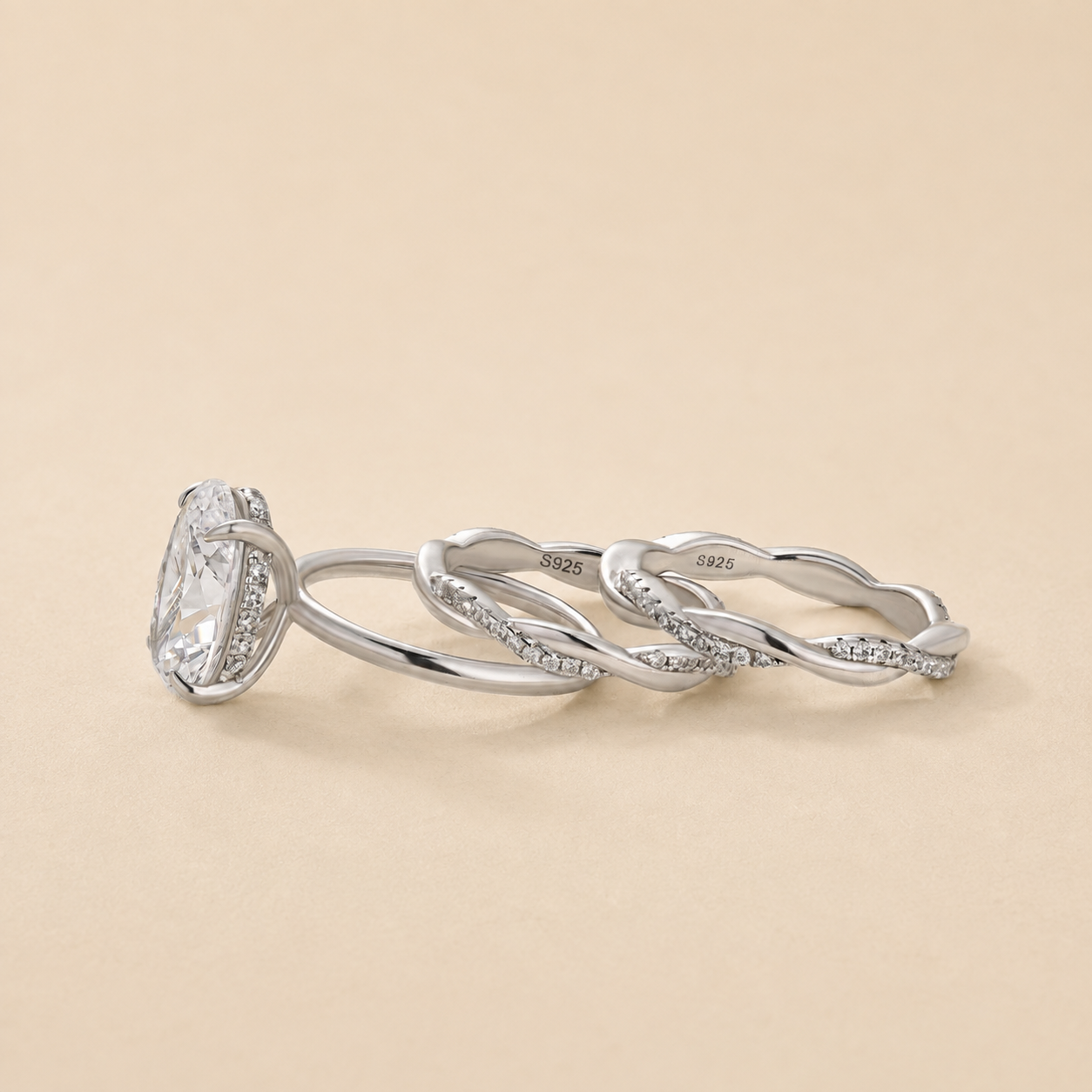 S925 3PC 5.5Ct Solitaire Oval Cut Ring & Twist Eternity Wedding Band Statement Ring Sets
