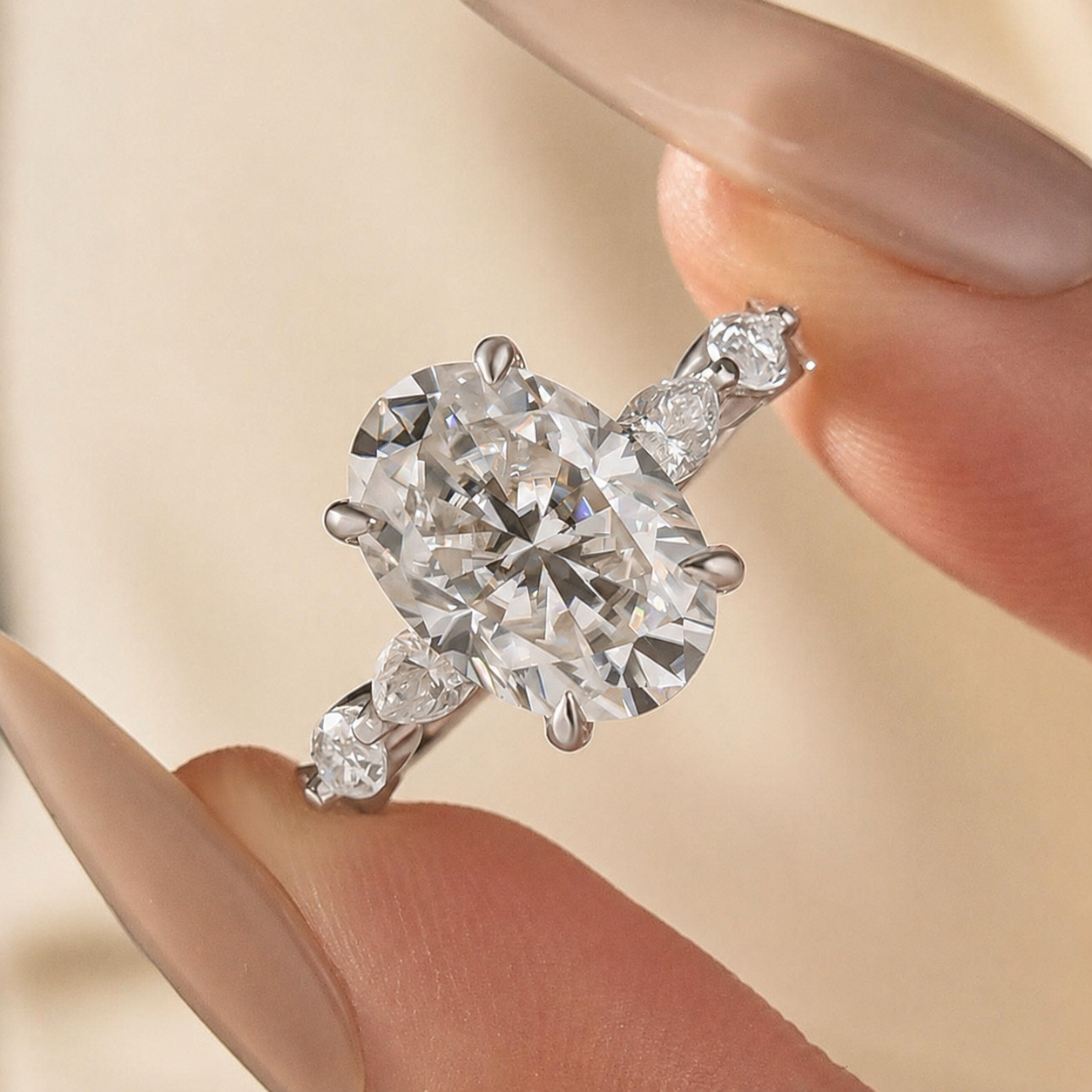 Moissanite 5.5Ct Oval Cut with 1.5Ct Side Stone Marquise Cut Engagement Ring in S925 Sterling Silver